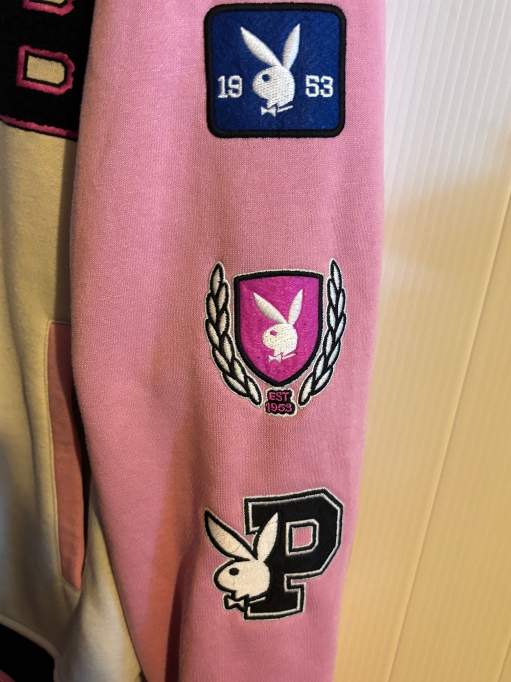 PLAYBOY Cream & Pink Letterman Jacket with Black Trim - Picture 2 of 6